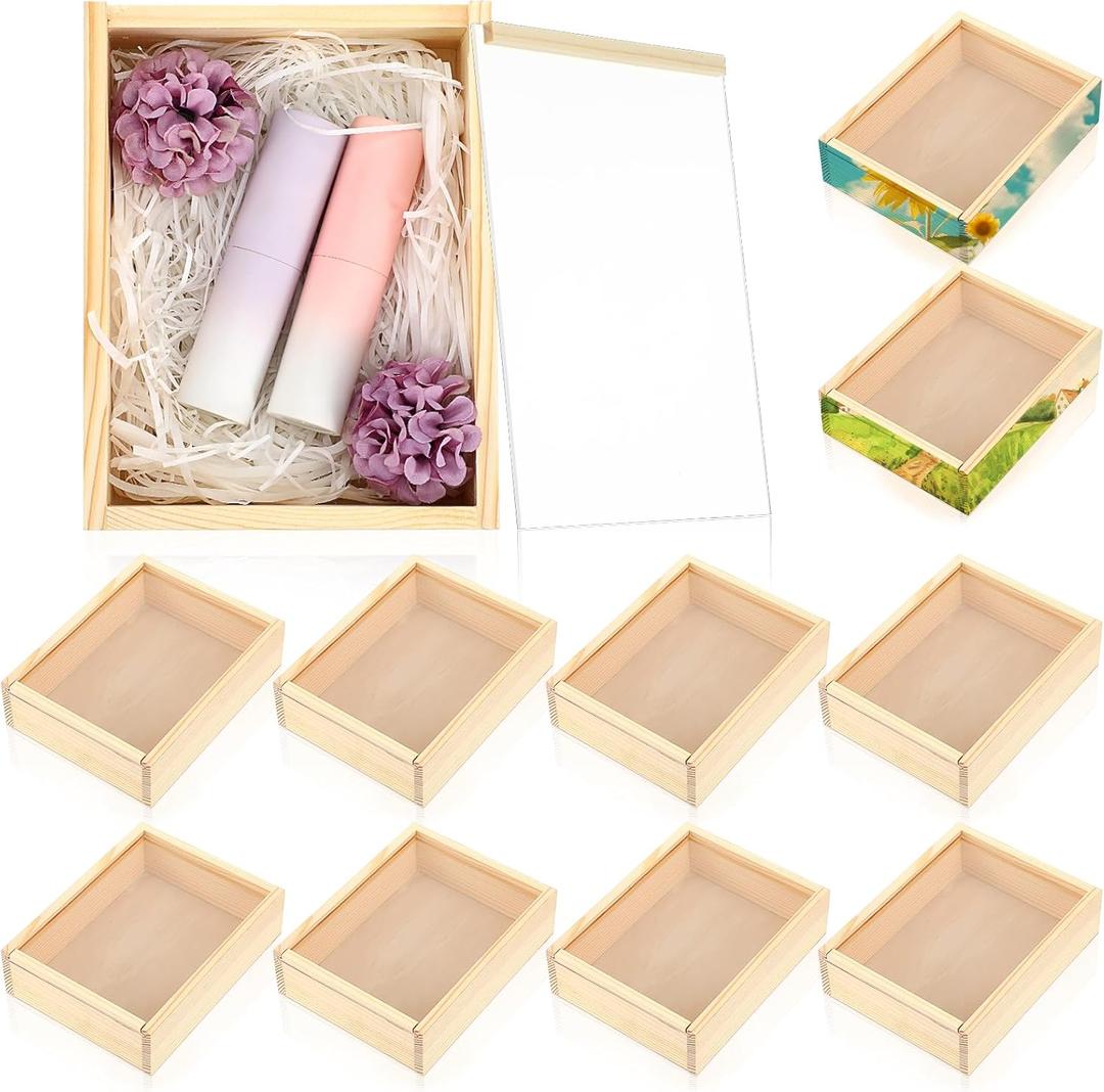 10 Pcs Unfinished Wood Boxes, 6.3 x 4.9 x 1.8 Inch Small Rectangle Crates Wooden Box with Lid for DIY Birthday Party Favor Gift Supplies