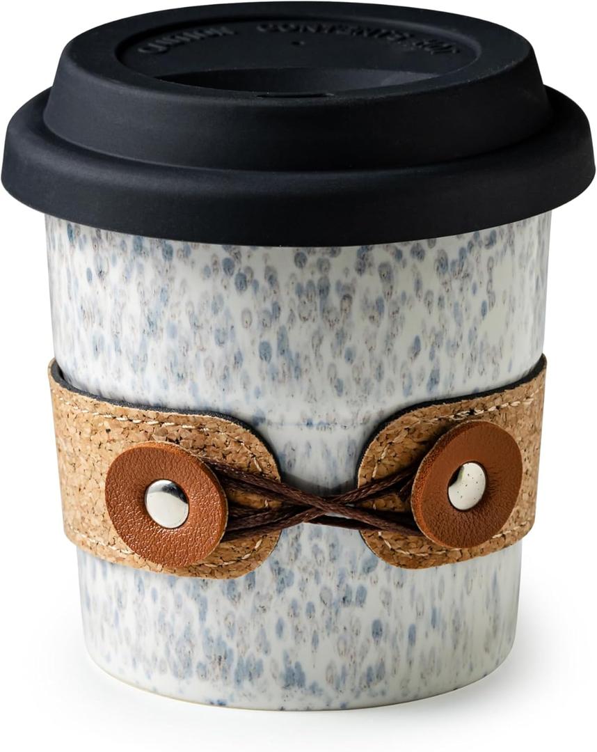 Coffee Mug with Lid, Ceramic Coffee Cups, Spill Proof Travel Coffee Tumbler, Microwave & Dishwasher Safe, Reusable Heavy Tea Mug, Latte Cup for Men & Women, 8.5oz (White with Blue Dots)