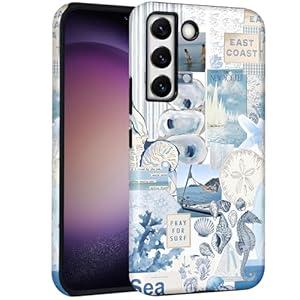 Mainrenka Summer Beach Case for Samsung Galaxy S22, Aesthetic Cute Flower Seahorse Ocean Collage Phone Case Hybrid 2-Layer Hard Shell Shockproof Design Protective Cover Women Girls Mens
