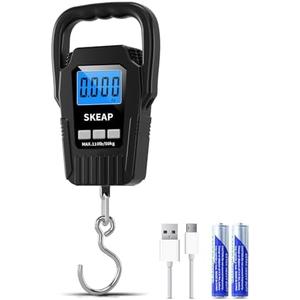 SKEAP Digital Fish Scale - 110lb/50kg Backlit LCD Fishing Gear with Portable Handle, Includes 2 AAA Batteries & Stainless Steel Hook, with USB Charging- Fishing Gifts for Men