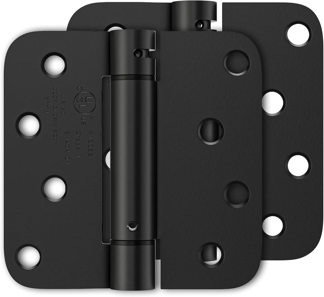 2 Pack Self Closing Door Hinges 4 Inch, Matte Black Spring Loaded Hinges with 5/8'' Radius Corners, Adjustable Tension for Garage, Front Door, for Left and Right Hand Door, UL Listed