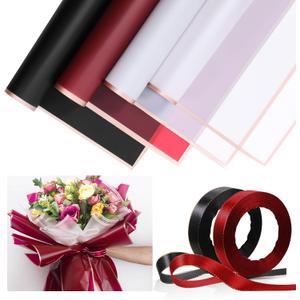 Tenare 36 Pieces Waterproof Flower Wrapping Paper Frosted Bouquet Wrapping Paper and 50 Yards Double Face Satin Ribbon for Graduation Bouquet Supplies(Classic Color)