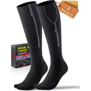 Medical Zipper Compression Socks 20-30 mmHg for Women & Men (2 Pairs) - Easy On Copper Compression Socks for Circulation, Swelling, Odor Control, Athletic, Travel, Flying (Large)