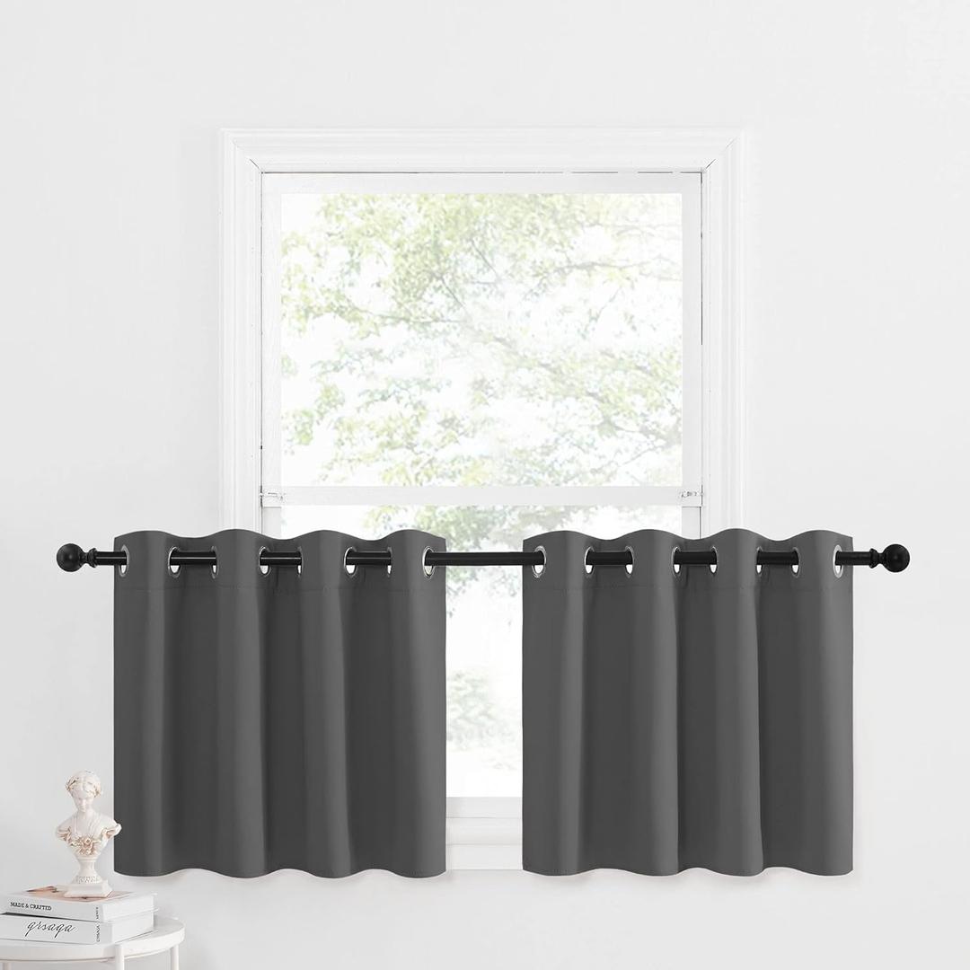 NICETOWN Kitchen Blackout Tiers Window Curtains Over Sink - Thermal Insulated Home Decor Small Blackout Grommet Winow Tiers for Short Window (52W by 24L with 1.2 inches Header, Grey, 2 Panels)