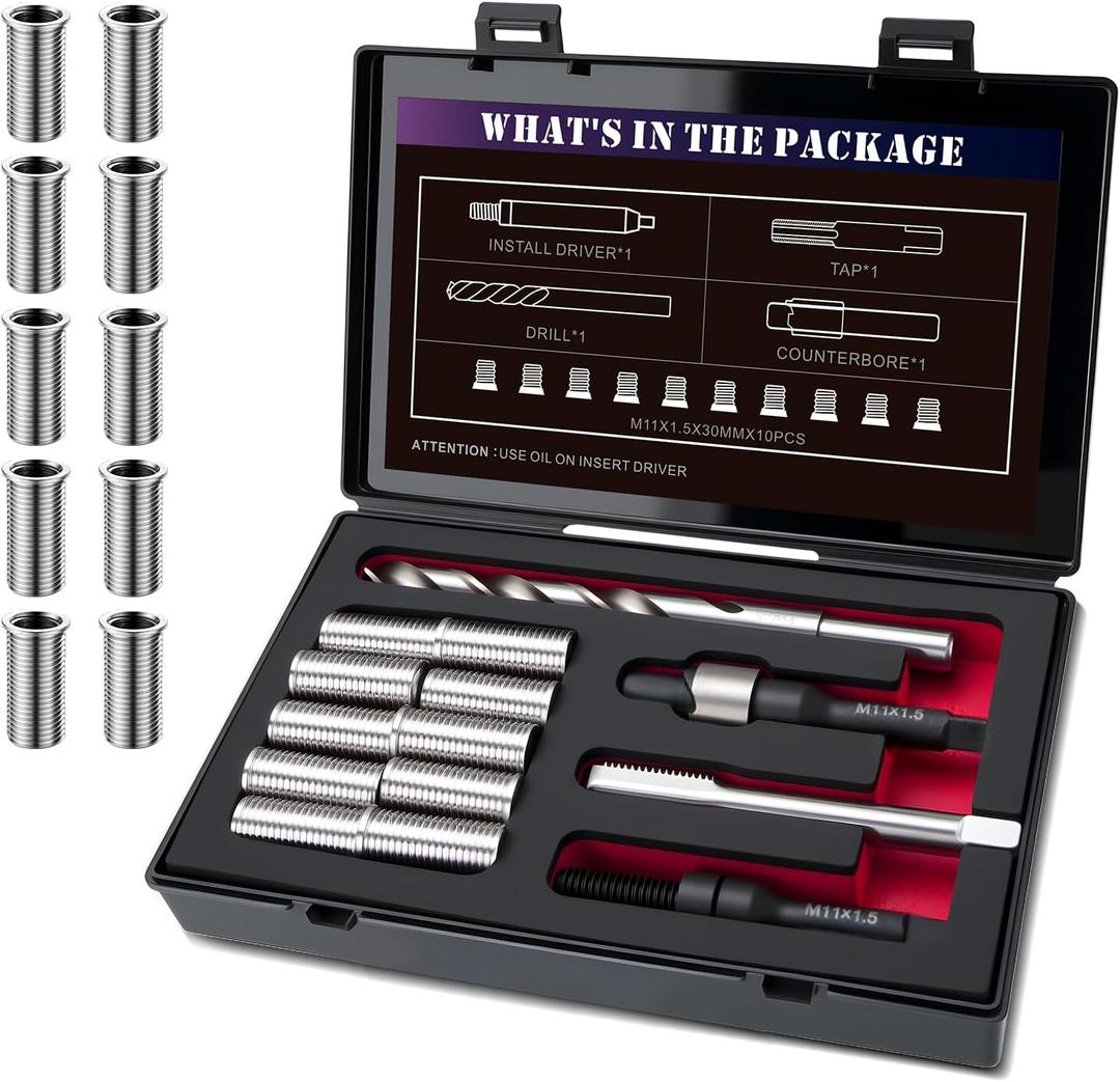 M11X1.5 Metric Thread Repair Kit with Insert HSS Drill, Tap, Counterbore, Installation Driver, 10PCS Stainless Steel Insert M11X1.5X30MM M11X1.5 Metric Thread Repair Kit with Insert HSS Drill, Tap, Counterbore, Installation Driver, 10PCS Stainless Steel Insert M11X1.5X30MM