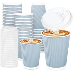 Whaline 100Pcs Light Blue Disposable Coffee Cups with Lids 12oz Solid Blue Paper Cups Corrugated Ripple Wall Insulated Hot Cups for Home Office Party Supplies