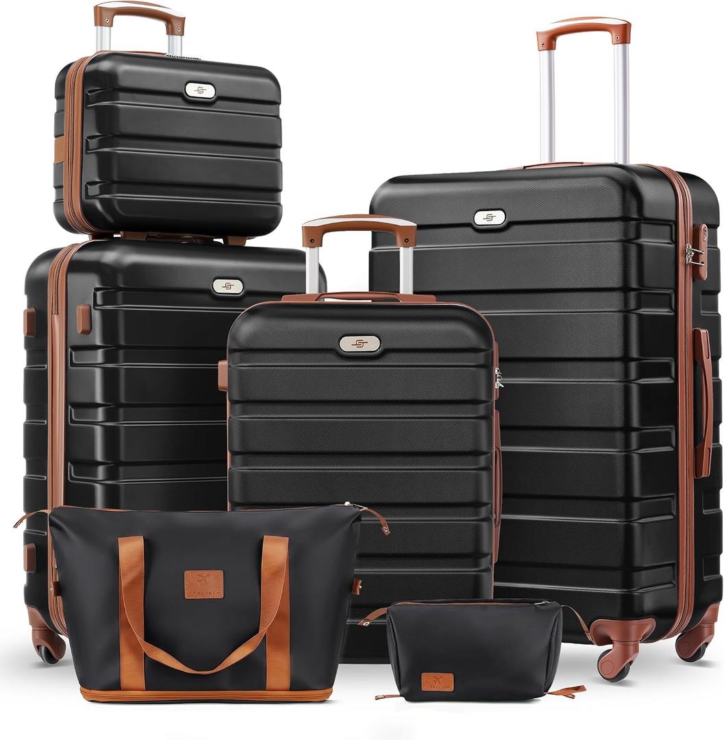 Suitour Luggage Sets 6 Piece, 20-inch Carry-on and 24 inch28 inch Checked Suitcase Set with Cosmetic Case and Travel Duffle Bags Set(Black Tan)