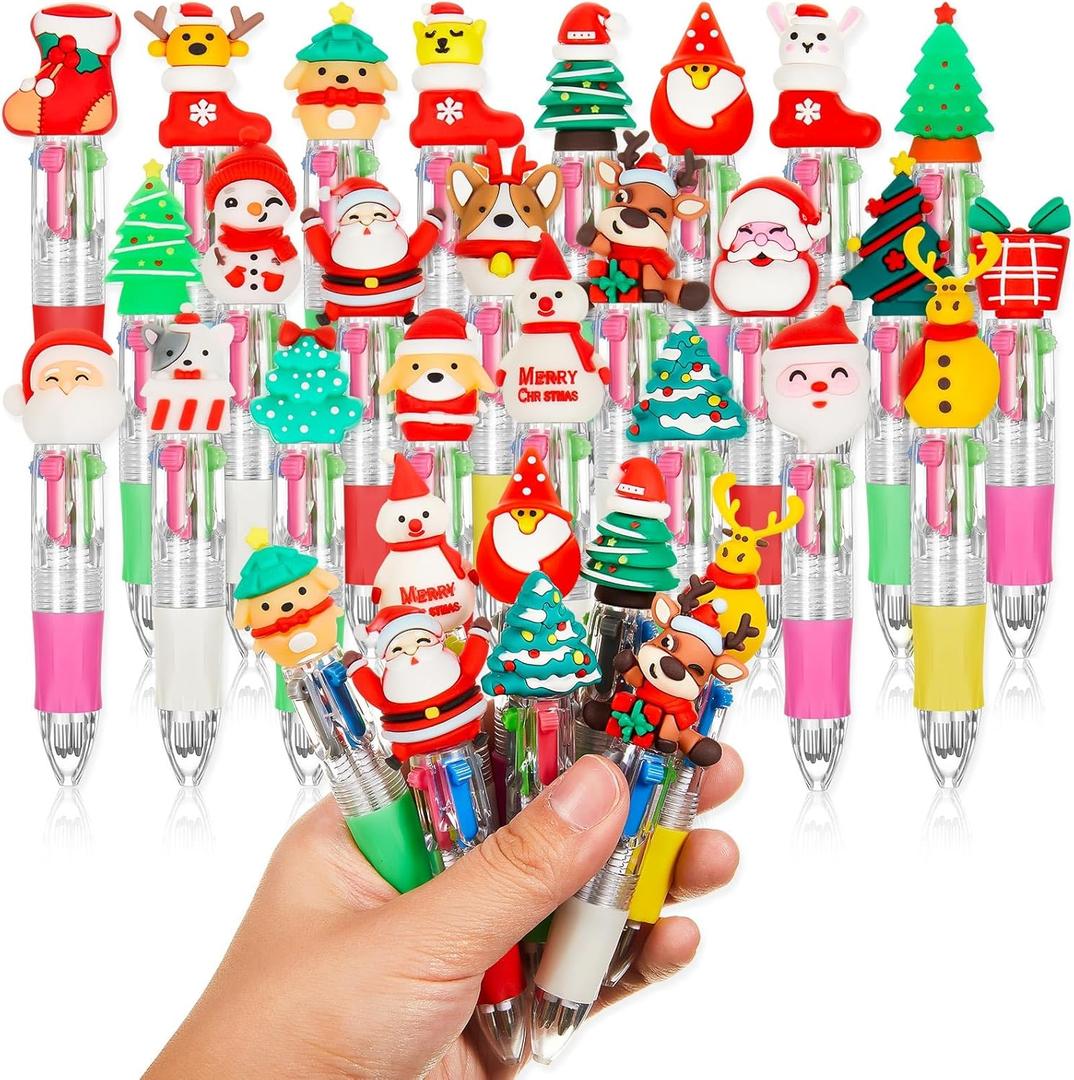 Kosiz 24 Pcs Christmas Fun Ballpoint Pen 4 in 1 Multicolor Cute Retractable Pens Bulk for Xmas Halloween Winter Holiday Birthdays Parties Office Writing Supplies