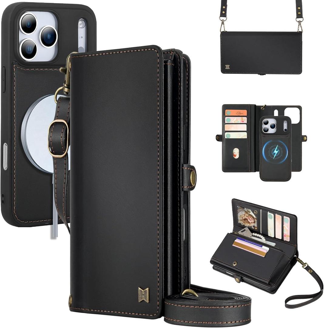 for Wallet Case Compatible with iPhone 17 Pro,Multi-Function Detachable 2 in 1 Magnetic iPhone 17 Pro Case Wallet,Flip Strap Zipper Card Holder Phone Case with Shoulder Straps (Black)