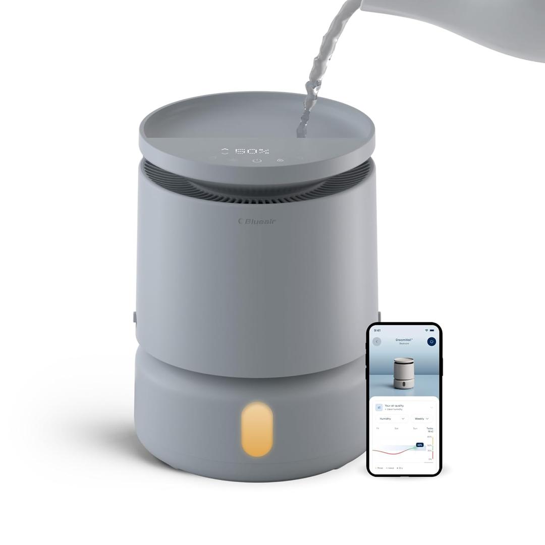 BLUEAIR Room Humidifier - DreamWell - 48Hr Top-Fill Mist-Free InvisibleMist Technology Aroma Stone for Essential Oils and Soothing Mood Lighting - Quiet Operation for Bedroom and Home Use, Grey (Small)