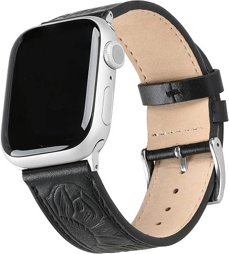 For Apple Watch Band 41 mm / 40 mm / 38 mm Series 7 /SE/ 6/5/4/3/2/1,Sunflower Tooled Leather Cowboy Replacement Western Apple Watch Retro Strap Bracelet for iWatch Men Women, Black/Silver