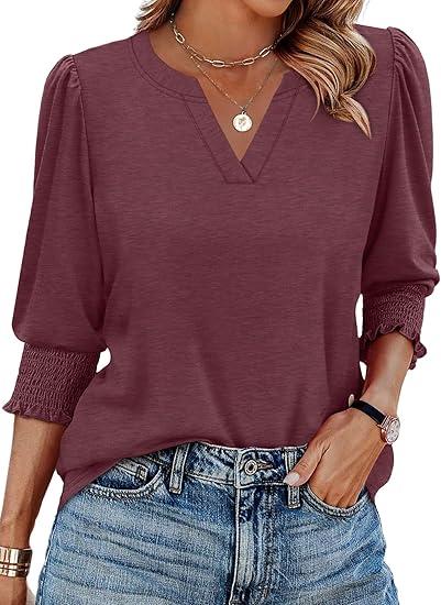 XIEERDUO Blouses for Women Dressy Casual 3/4 Length Sleeve Womens Tops with Smocked Cuffs (P-Burgundy, XXL)