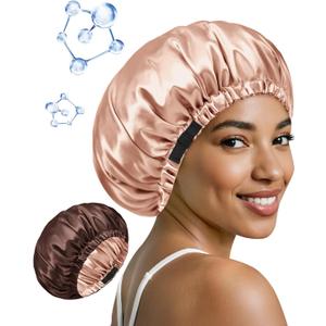 10 x BONNET QUEEN Silk Bonnet for Sleeping Hyaluronic Acid Satin Bonnet, Double Layer Hair Wrap for Curly Hair Women Sleep Cap (Champagne & Brown)