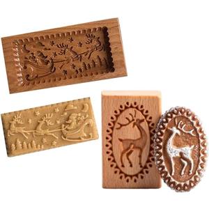 Wooden Cookie Mold Christmas Wooden Baking Mold- Santa Claus Deer Sled Shape Cake Fondant Press Stamp Embosser Cutter Cake Decor Christmas Carved Kitchen gadgets (Deer & Sled)