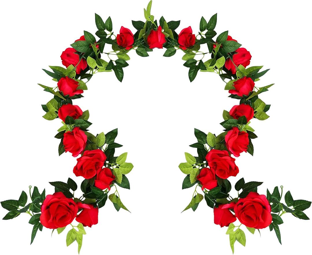UKELER 2 Pack 14FT Artificial Rose Vines Red Flower Garland Artificial Rose Flowers with Green Leaves Floral Plant for Wedding Arch Party Garden Craft Home Decor