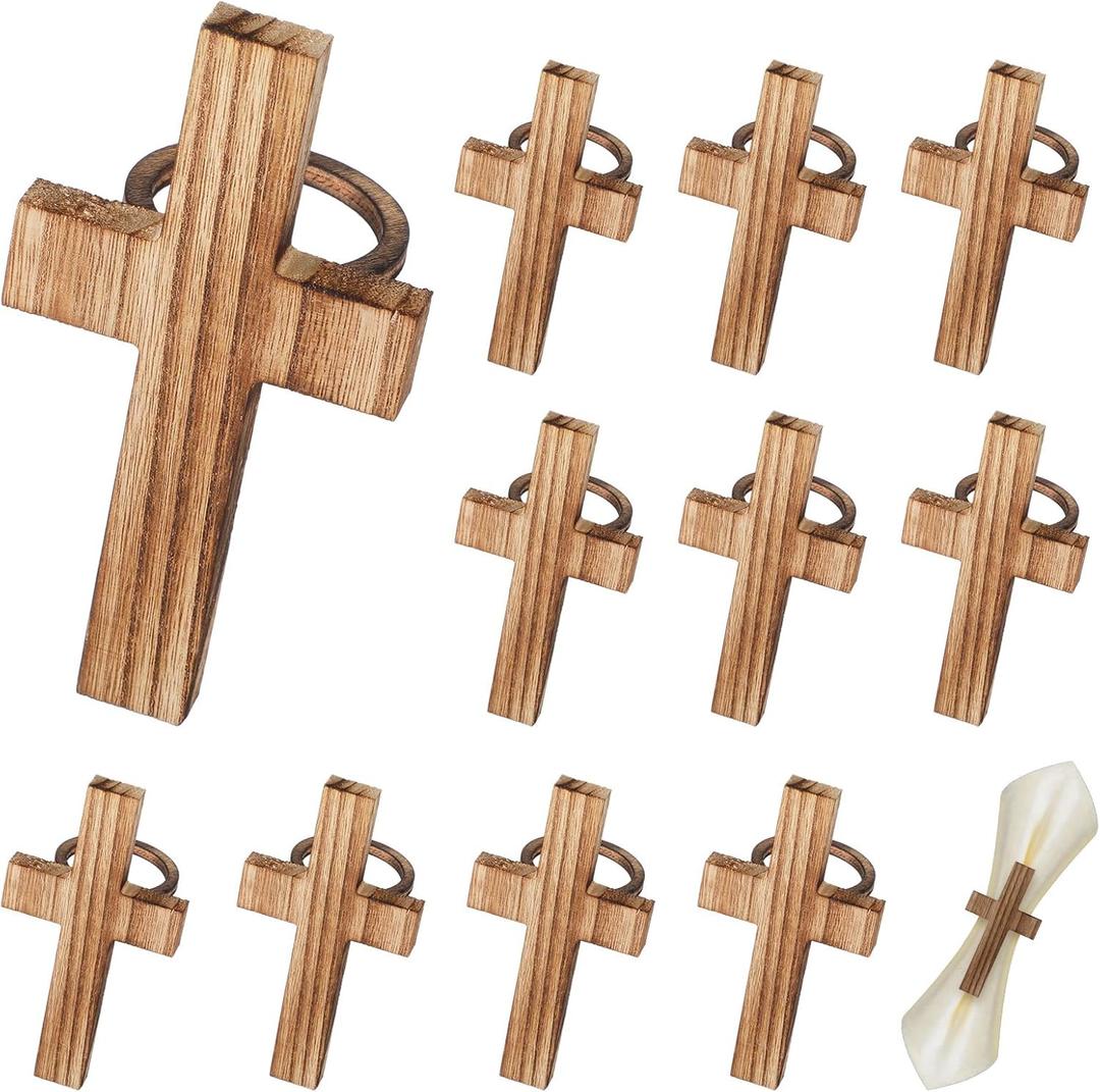 Potchen 12 Pcs Easter Wooden Crosses Napkin Rings Holders Rustic Religious Serviette Buckles Decorations for Communion Baptism Christening Church Wedding Table Setting Supplies