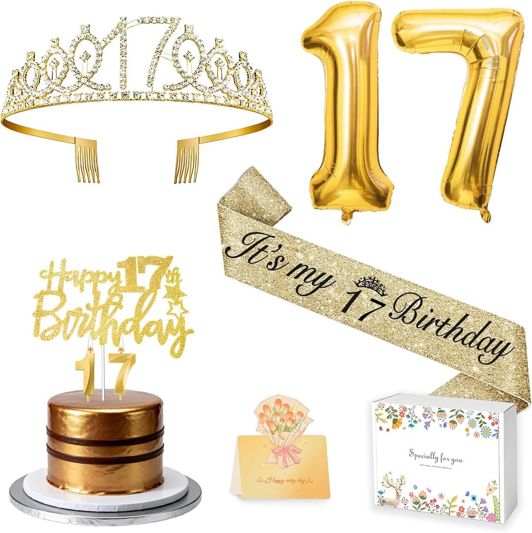 17th Birthday Decorations for Girls with 17th Birthday Sash and Crown, Number Balloons, Birthday Card, Cake Topper and Candles, 17 Year Old Girl Gifts for Her, Gold