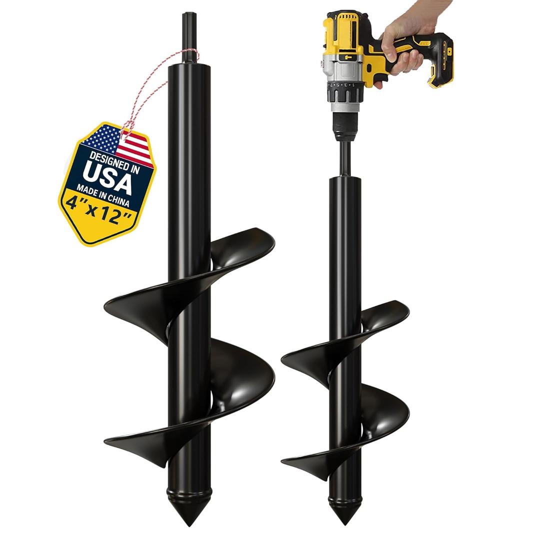 K-Brands Auger Drill Bit for Planting 4 x 12 Inch - Garden Spiral Hole Drill Planter for Bulb Planting, Bedding Plants, Umbrella Holes - 3/8 Inch Hex Drive Drill