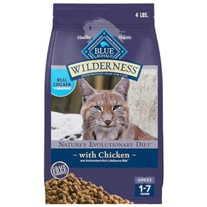 Pack of 4 Blue Buffalo Wilderness Nature's Evolutionary Diet High-Protein, Grain-Free Natural Dry Food for Adult Cats, Chicken, 4-lb. Bag, BBD 12/10/26