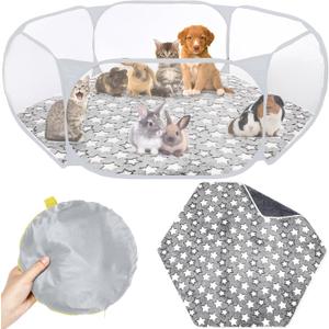VitalCozy Hamster Playpen with Mat Small Animal Cage Tent Breathable Transparent Guinea Pig Playpen Waterproof Portable Yard Fence Mat Foldable Exercise Playpen Outdoor Indoor (Gray,Star)