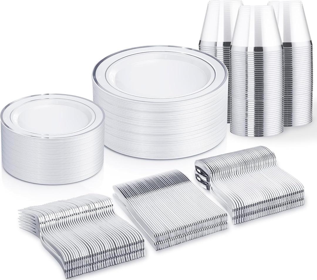 WELLIFE 300 PCS Silver Dinnerware Set for 50 Guests, Silver Plastic Disposable Plates for Party, 50 Dinner Plates, 50 Salad Plates, 50 Cups Forks Knives Spoons for Wedding and Party Supplies