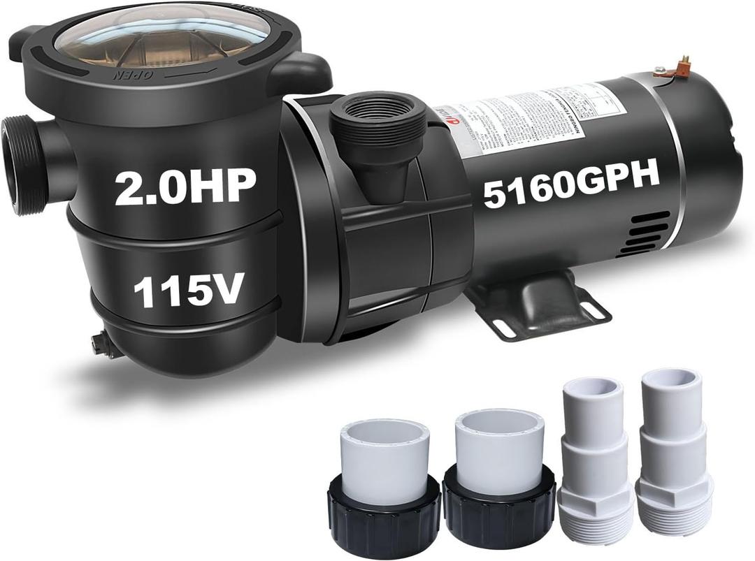2HP Variable 2-Speed Pool Pump for Above Ground Pools, 115V, 5160 GPH, with 1.25" Hose Adapter & 1.5" Pipe Fittings, DoE/CEC Compliant
