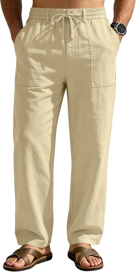 Linen Pants Men Casual Elastic Waist Drawstring Loose Straight with 4 Pockets (XL)