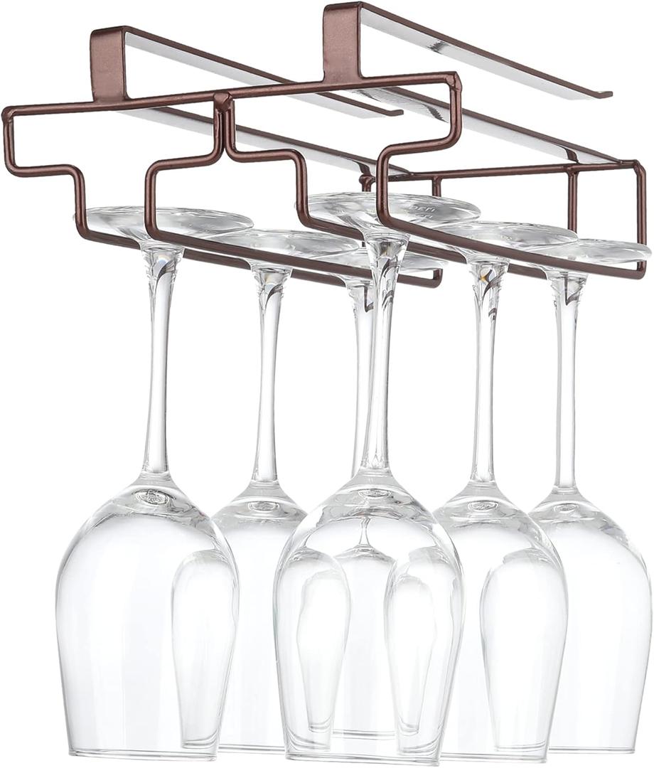 Glass Rack Under Cabinet Drilling Free No Screw Steam ware Holder Under Shelf Metal Glasses Holders 304 Stainless Steel Hanger Storage Organizer Hanging Glass Fit for Bar Kitchen 2 Rows Brown