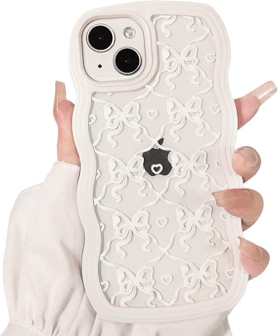 NITITOP Compatible for iPhone 13 / iPhone 14 Case Cute Clear Wavy Frame for Women Girl Bow Knot Pattern Curly Shape Shockproof Soft TPU 2 in 1 Phone Cover - White Bow