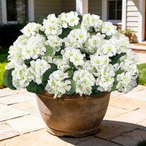 8 Pcs 17" Artificial Geranium Flowers for Outdoors, Fake Silk Flowers UV Resistant Realistic Faux Geranium Plants for Front Porch Door Garden Yard Window Planters Outside Home Decor, White