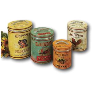 Set of 4 Large Vintage Antique Style Round Metal Nesting Kitchen Canisters with Lids Sugar Tea Coffee and Flour