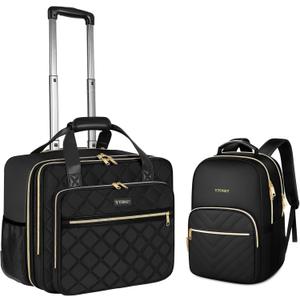 Ytonet Rolling Briefcase for Women, 2pcs Set 15.6 Inch Travel Backpack with 17.3 Inch Rolling Laptop Bag, Large Roller Laptop Briefcase with Wheels, Water Resistant Roller Teacher Bag for work, Black