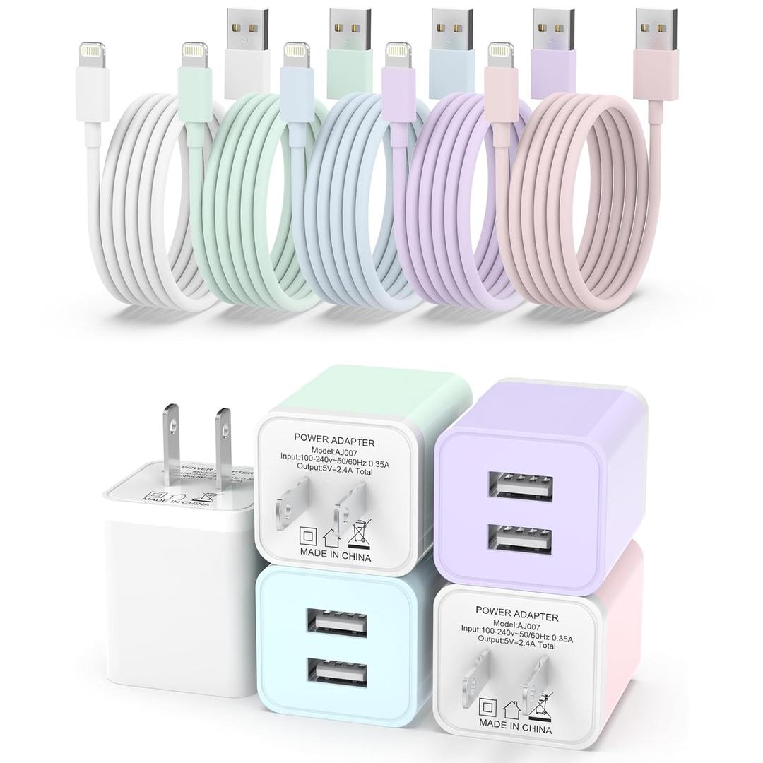 iGENJUN 5Pack iPhone Charger [MFi Certified], Dual Port USB Wall Charger Block Adapter with 6FT Lightning Cable Fast Charging Data Sync Cords for iPhone 14 13 12 11 Pro Max XR XS Plus-Multicolor