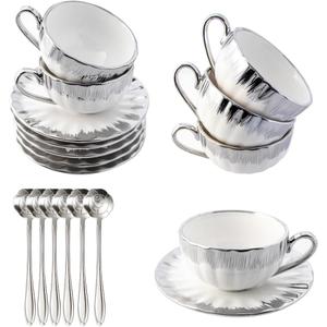 Gold Rimmed Ceramic Coffee Mug with Saucer Cappuccino Mug, 6 oz, for Coffee, Latte, Tea, Set of 6 (silver, Medium)