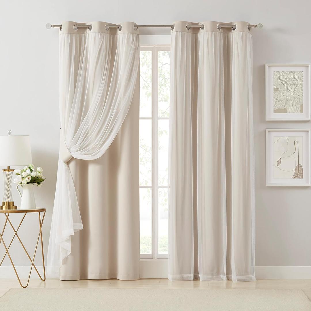 Bujasso Beige 90% Blackout Curtains with Sheer Overlay Mix and Match Double Layer Thermal Insulated Window Panels 84 inch for Living Room Bedroom Beige Drapes with Tiebacks Grommet Top 37" Wx84 Lx2