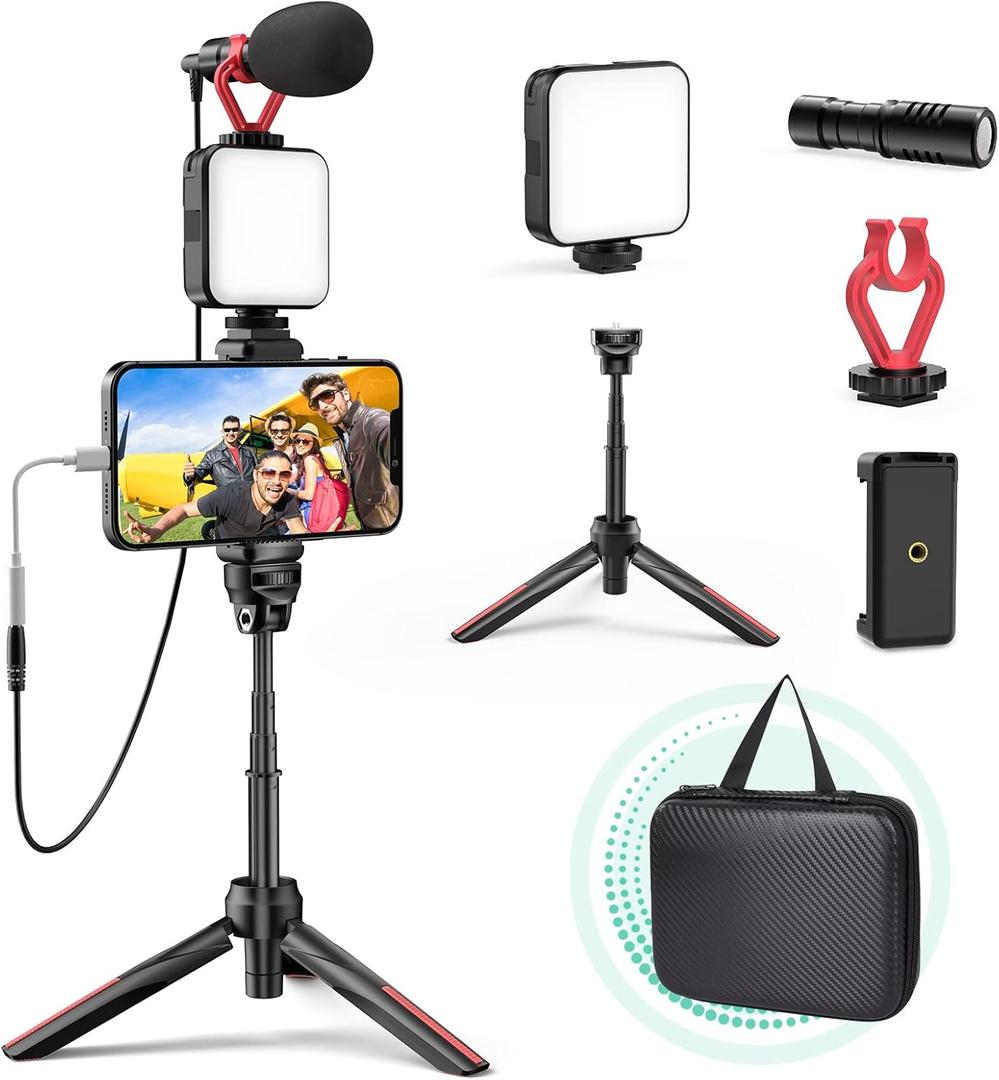 Smartphone Video Vlogging Kit with LED Light, Phone Holder, Microphone, Tripod, Carry Bag, TECELKS YouTube Starter Kit for iPhone/Android, Content Creator Kit for Video Recording Vlogging(Black)