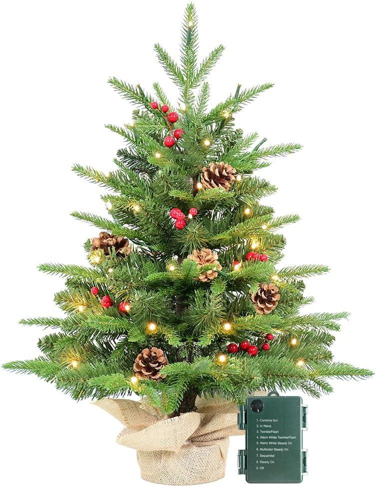 Kadunmina 2ft Pre-lit Table Top Christmas Tree, Small Artificial Xmas Tree with 50 LED Lights/177 PE&PVC Tips/Berries&Pinecones, 24 Inch Mini Tree with Burlap Base for Holiday Indoor Decor, 8 Modes