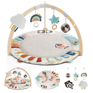 Blissful Diary Baby Play Gym & Activity Mat, 5 Developmental Zones Wooden Tummy Time Mat with 5 Detachable Sensory Toys for Motor Skills & Sensory Development, Baby Essentials Shower Gift (Gray Round)