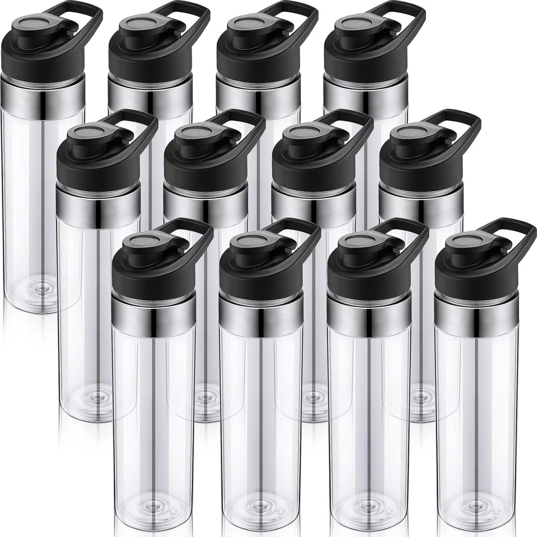 Mimorou 12 Pack Clear Water Bottle Bulk 20 oz Plastic Sports Water Bottles Reusable with Leakproof Lid, for Outdoor School Office Gym Cycling Teams, Lightweight, Easy Carry