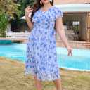 Keluummi Plus Size Summer Party Midi Dresses for Curvy Women, A Line Short Sleeves Chiffon Floral Formal Dresses(20 Plus, 01 - Light Blue Floral) (Blue)