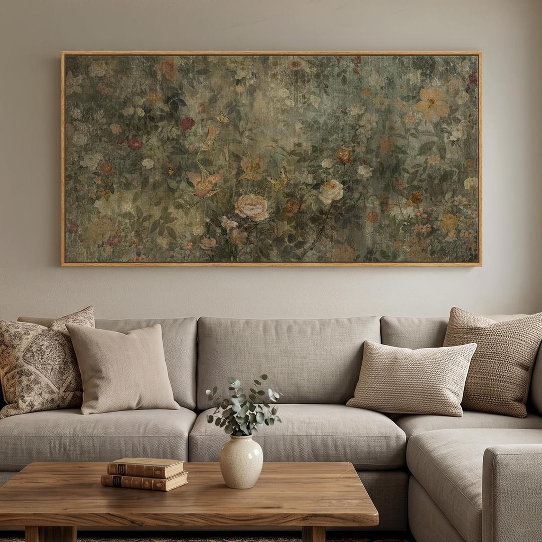 Extra Large Framed Vintage Rustic Floral Wall Art for Living Room, 60x30 In