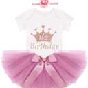 IDOPIP Birthday Outfit Girls Baby Strawberry Heart One Romper + Ruffle Tulle Skirt + Sequins Crown Headband 3PCS Clothes Set (3-6 Months, Dusty Pink 1/2 Birthday)