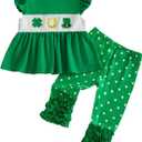 Toddler Girl St Patrick's Day Outfit Embroidery Ruffle Flutter Sleeve Tunic Dress Top Dot Ruffle Pants 2Pcs Clothes (Green), 6-12M