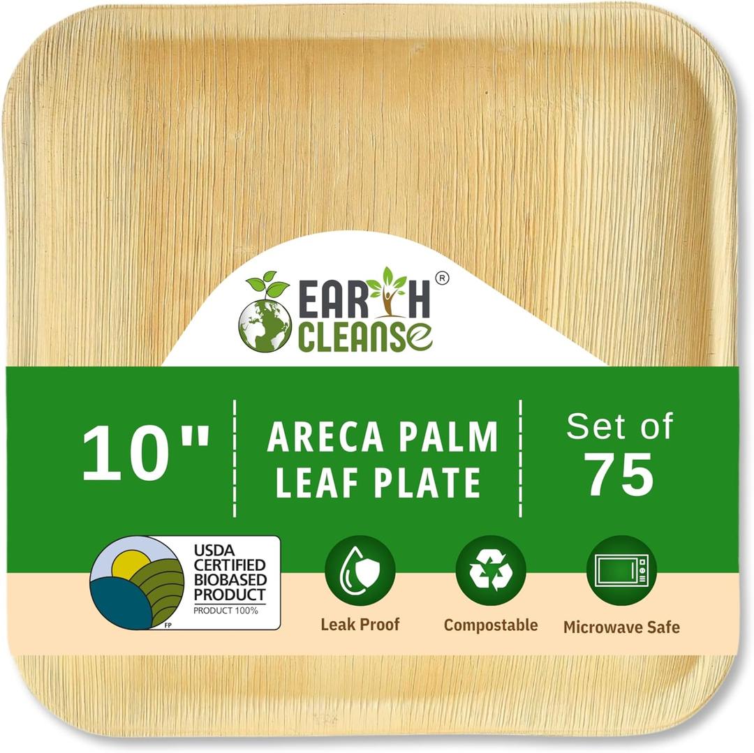 Earth Cleanse Palm Leaf Plates 10 Inch Square 75 Pack – Disposable Plates, Heavy Duty Plastic Free Compostable Dinnerware for Party, Picnic,Wedding,Camping, Everyday Use, Bamboo like Palm Plates