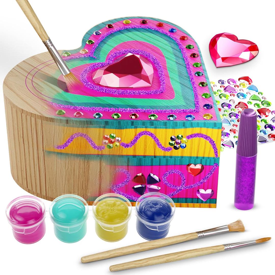 Pretty Me Paint Your Own Wooden Kids Heart Treasure Box Kit - Basket Stuffers - Art Kits for Toddler Girl - Arts and Craft Gifts for Ages 4-6 Year Old Girls - DIY Jewelry - Toys - Crafts Painting Gift