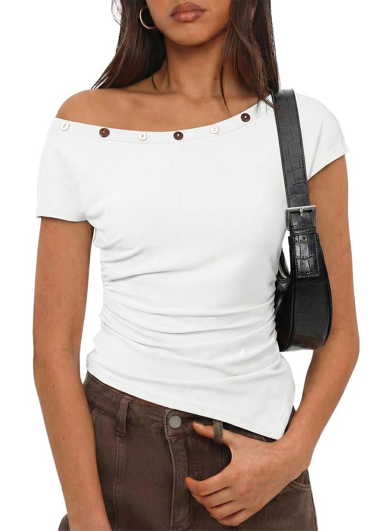 SHEWIN Women Tops Summer Short Sleeve Shirts Dressy Casual Sexy Boat Neck Tshirt Trendy Date Night Off Shoulder Blouses 2026 Going Out Clothes Size XL, White (White, XL)