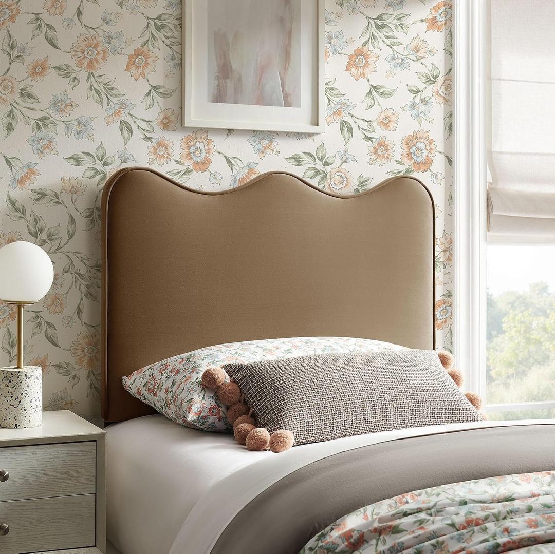 Modway Athena Twin Size Performance Velvet Adjustable Headboard in Taupe - with Scalloped Wave Design and Stain-Resistant Velvet Upholstery