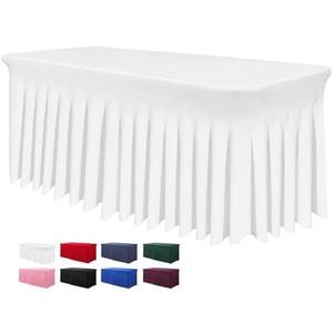 BDDC Table Skirt for 4 Foot Tables - One-Piece White Tablecloths and Skirt, Wrinkle Resistant Ruffles Elastic Cover for Banquets, Weddings, Events, Parties