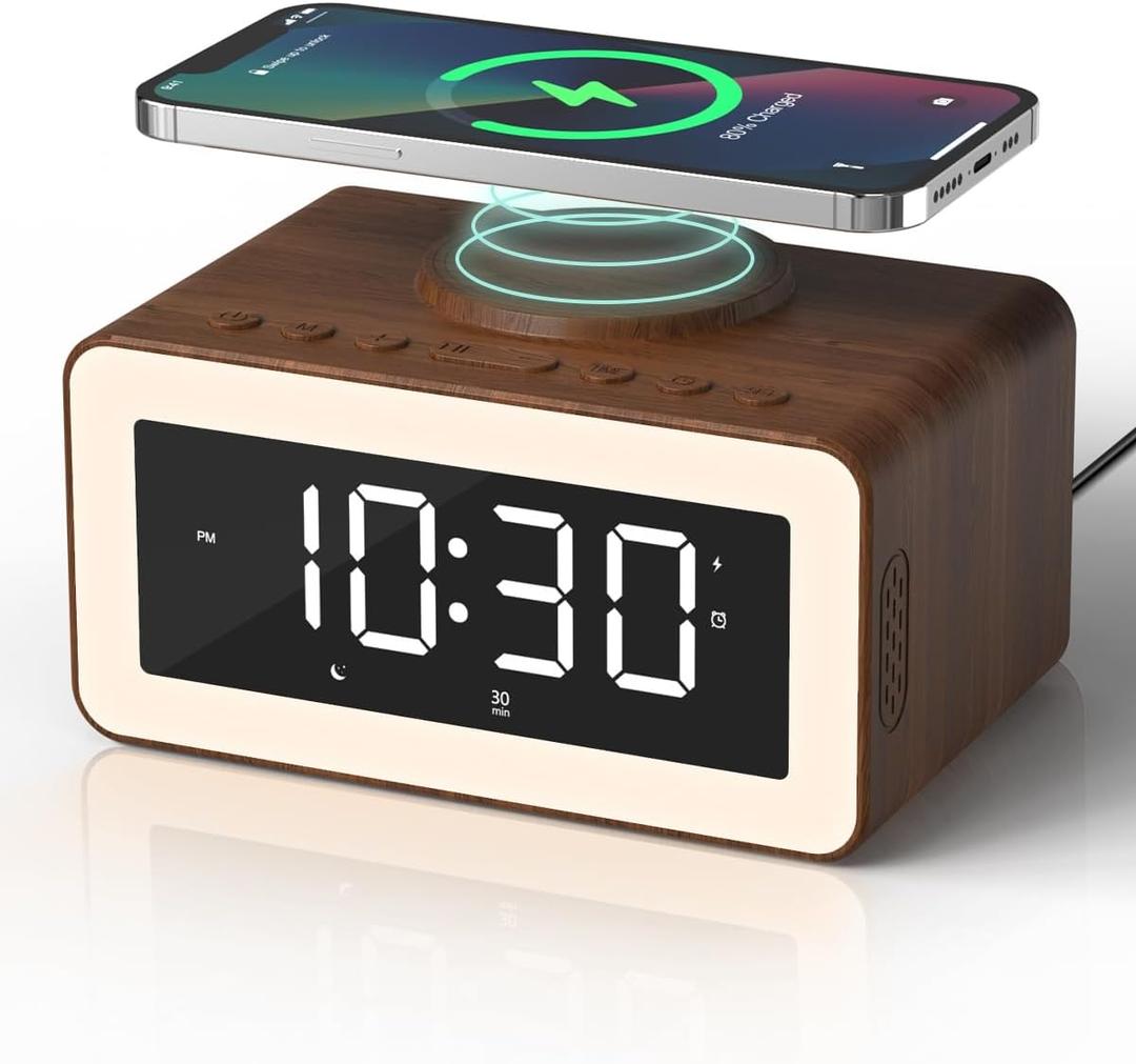 Digital Alarm Clocks for Bedrooms, Bluetooth Speaker, Alarm Clock with Wireless Charging, White/Brown Noise Sound Machine for Sleep with Night Light Wooden Vintage Decor Birthday Gifts for Men, Women