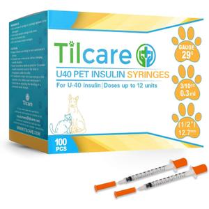 Tilcare U40 Pet Insulin Syringes 29 G 0.3 cc 12.7 mm 1/2" 100-Pack  Latex-Free Diabetic Syringes - Ultra Fine Sterile Medical Syringe for Diabetes Individually Blister Packed for Safety